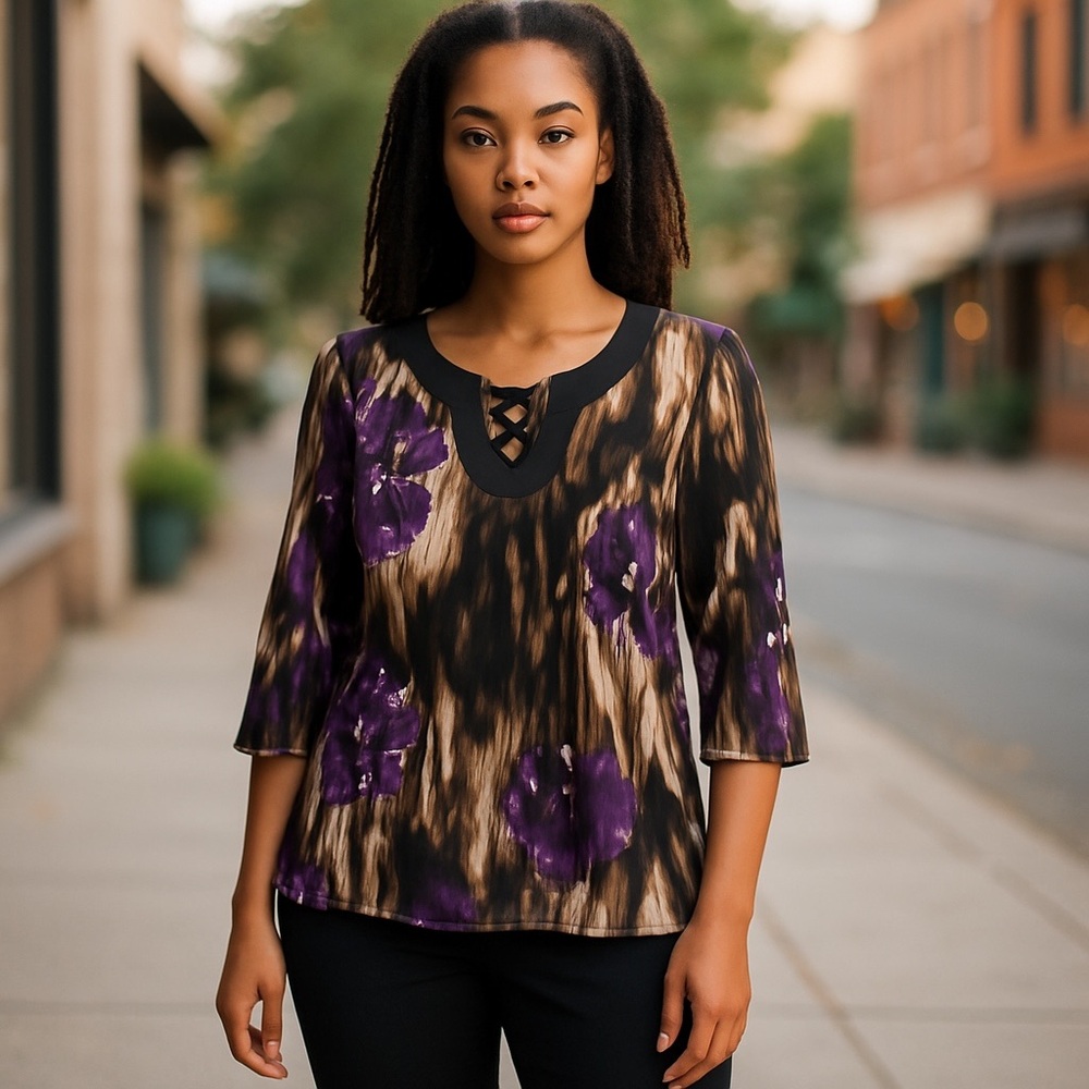 Signature Larry Levine sz small Purple and Tan 3/4 Sleeve Tie Front Blouse